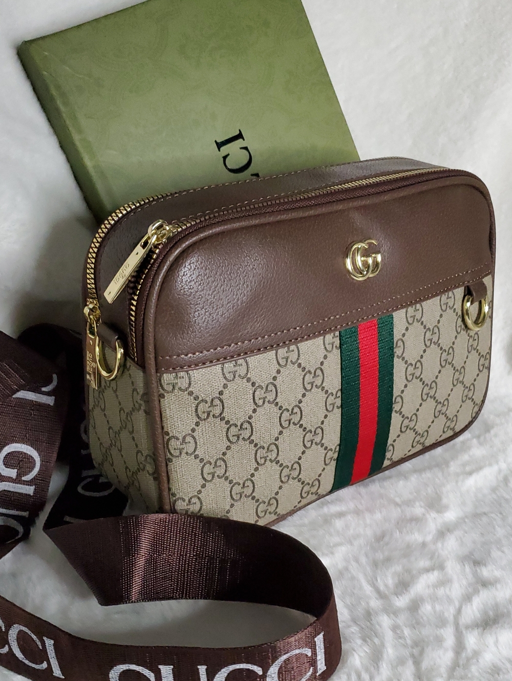 Brown GG Supreme Messenger with Green-Red Web Stripe